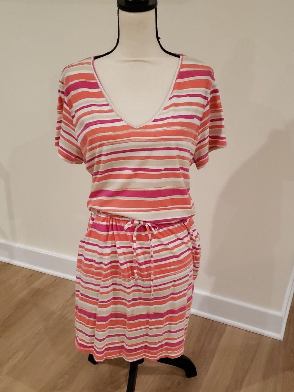 Kim Rogers Striped Pink & Coral Drawstring Waist Dress Short Sleeve